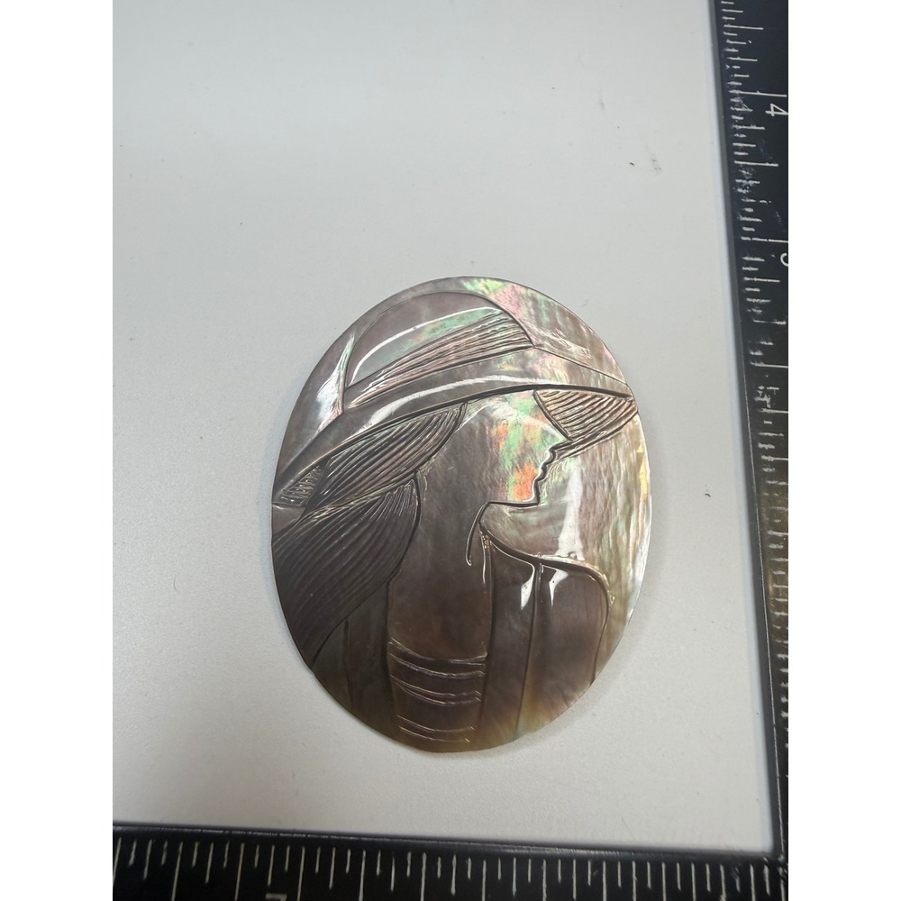 Black Mother of Pearl Shell Brooch Hand Carved Woman in Hat Cameo Pin Iridescent